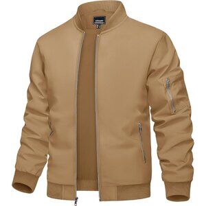 Men's  02 Khaki Bomber Jacket Coat Lightweight Casual Windbreaker Zip Up Pocket